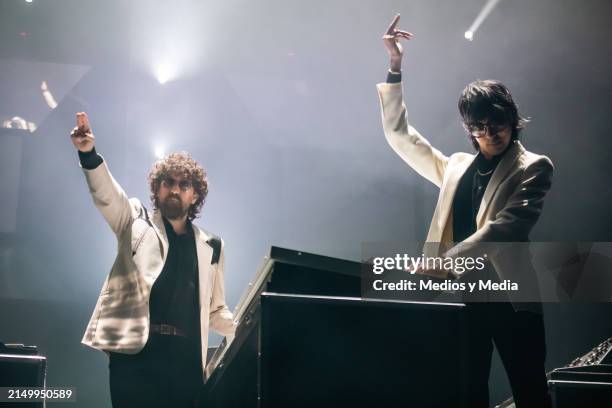 Gaspard Auge, Xavier de Rosnay of Justice, French duo of electronic music, perform during a concert at Auditorio Citibanamex on April 23, 2024 in...