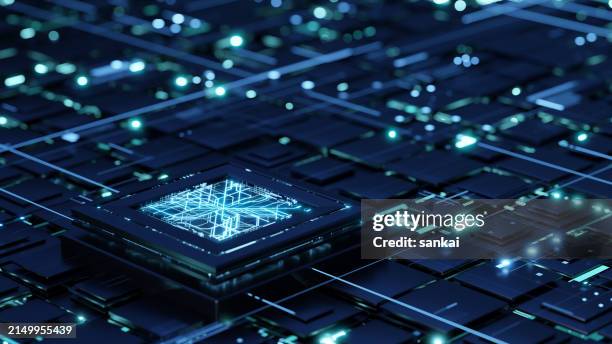 unité centrale de processeur futuriste sur la carte mère abstraite avec des lumières et des rayons bleus comme symbole des transferts de données. l’informatique quantique. - quantum photos et images de collection