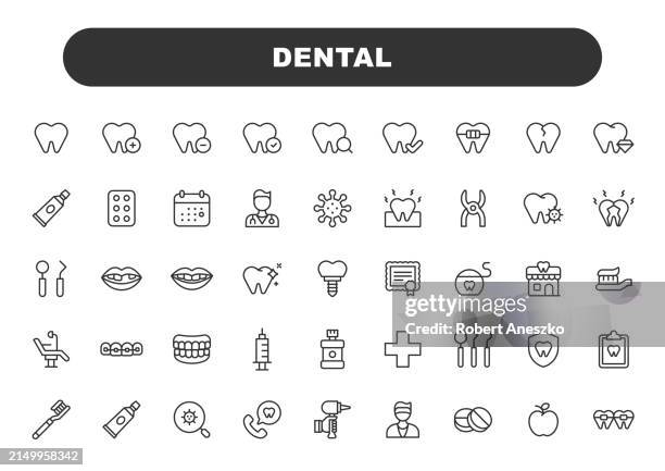 ilustrações de stock, clip art, desenhos animados e ícones de dental line icons. editable stroke. contains such icons as braces, dentures, dental bridge, tooth, inflammation, caries, drill, dentist, dental implant, toothpaste, dental tools, dental care. - implante
