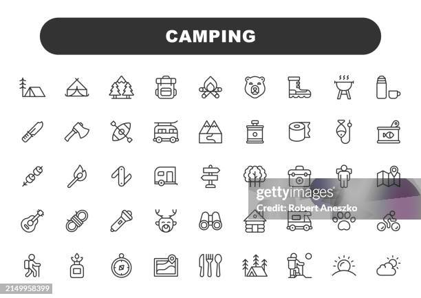 camping line icons. editable stroke. contains such icons as summer, tent, forest, compass, campfire, trekking, climbing, hunting, survival, camper, trip, vacation, backpack, map, adventure. - cabin stock illustrations