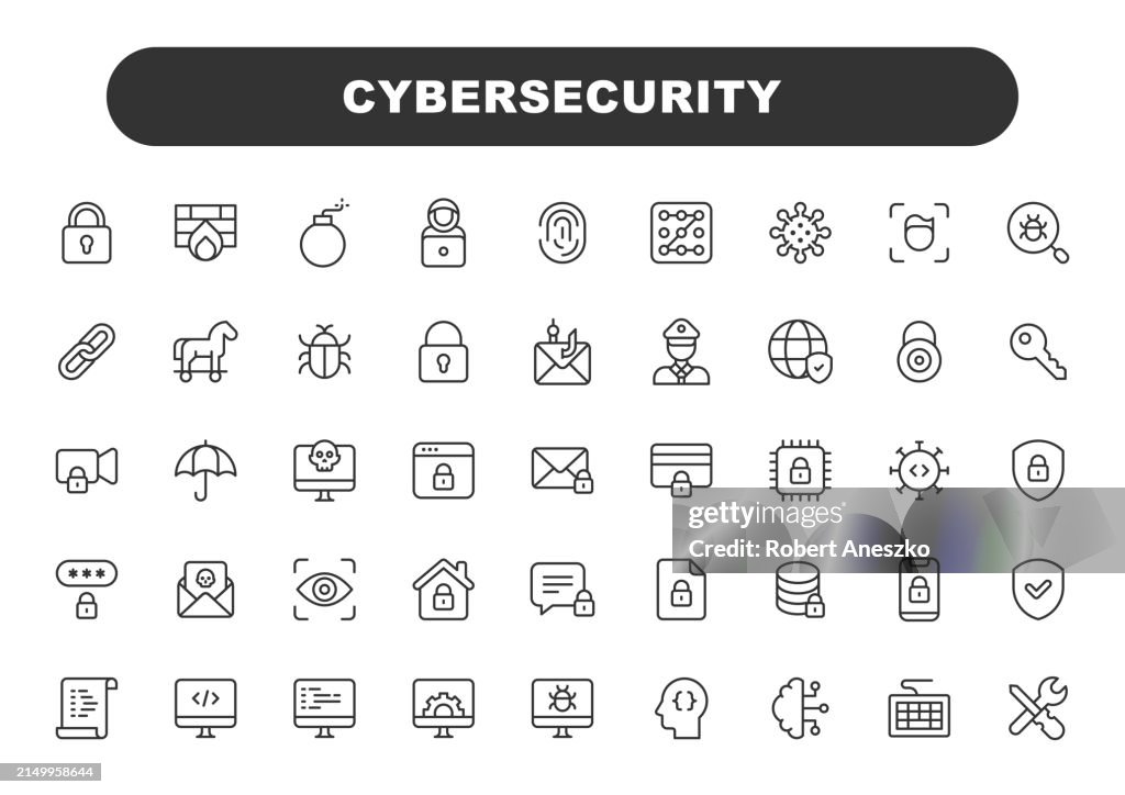 Cyber Security Line Icons. Editable Stroke. Contains such icons as Bug, Virus, Trojan Horse, Hacker, Thief, Network, Password, Identity, Surveillance, Firewall, Programming, Privacy.