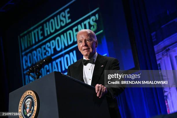 President Joe Biden speaks during the White House Correspondents' Association dinner at the Washington Hilton, in Washington, DC, on April 27, 2024.