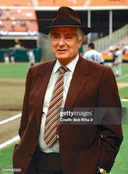 Television Broadcaster Curt Gowdy during American League Playoff Series against Boston Red Sox, October 11, 1986 in Anaheim, California.