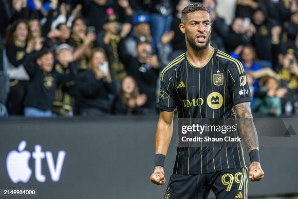 Denis Bouanga of Los Angeles FC celebrates his game winning goal during the match against Portland Timbers at BMO Stadium on April 27, 2024 in Los...