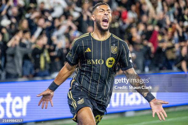Denis Bouanga of Los Angeles FC celebrates his game winning goal during the match against Portland Timbers at BMO Stadium on April 27, 2024 in Los...
