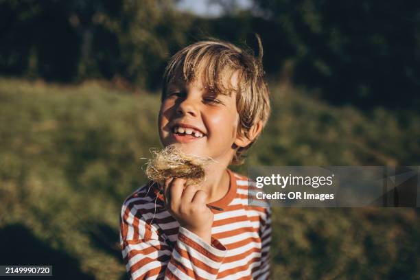 portrait of happy boy on a meadow in nature - solo bambini maschi foto e immagini stock