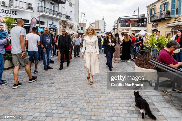 The President of the Parliament, Annita Demetriou, is arriving at Saint Lazarus Orthodox Church in Larnaca, Cyprus, on April 27, 2024. People are...