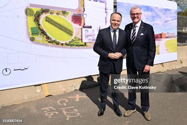 Of Kenvue, Thibaut Mongon and Governor of New Jersey, Phil Murphy attend the Kenvue Ground Breaking in Summit, NJ on April 24, 2024 in Summit, New...