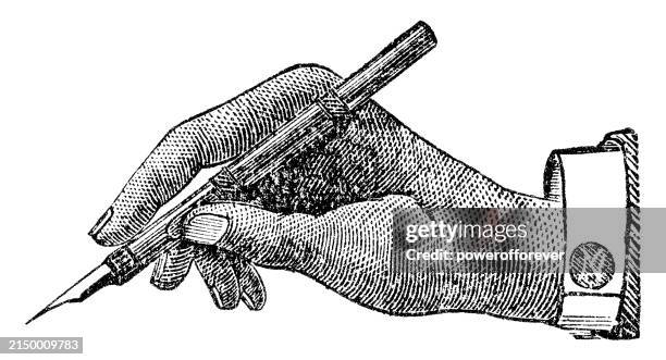 stockillustraties, clipart, cartoons en iconen met hand holding a fountain pen - 19th century - gravure illustratietechniek