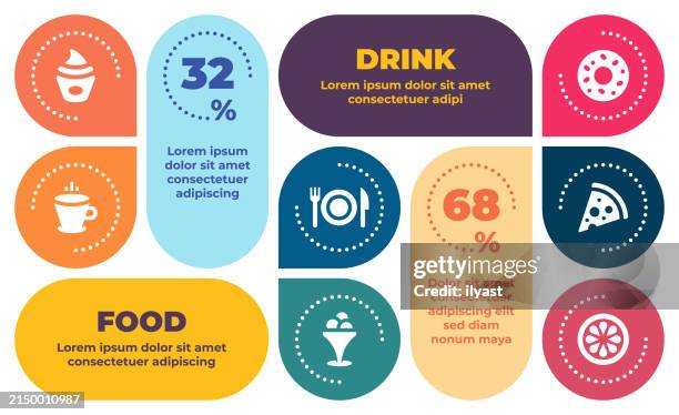 ilustraciones, imágenes clip art, dibujos animados e iconos de stock de diseño de diseño de infografía con íconos para alimentos y bebidas - buñuelo en forma de rosca