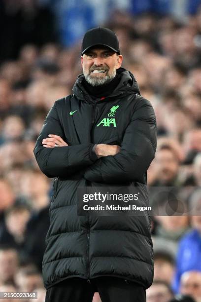 Jurgen Klopp, Manager of Liverpool, reacts during the Premier League match between Everton FC and Liverpool FC at Goodison Park on April 24, 2024 in...