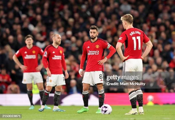Bruno Fernandes of Manchester United looks dejected after their side concedes the first goal scored by Jayden Bogle of Sheffield United during the...