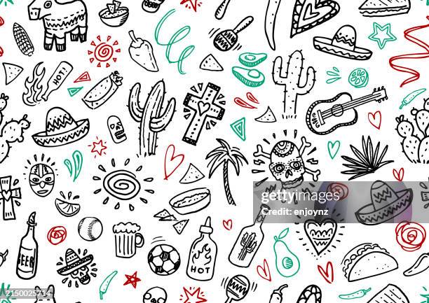 stockillustraties, clipart, cartoons en iconen met seamless mexican culture doodles - nachos