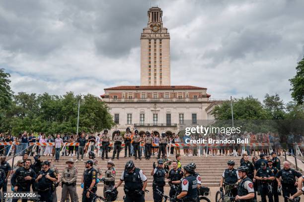 Law enforcement work to secure a demonstration during a pro-Palestine protest at the The University of Texas at Austin on April 24, 2024 in Austin,...