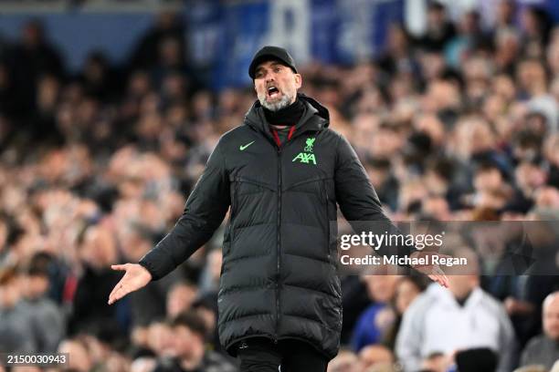 Jurgen Klopp, Manager of Liverpool, reacts during the Premier League match between Everton FC and Liverpool FC at Goodison Park on April 24, 2024 in...