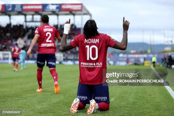 Clermont-Ferrand's Austrian midfielder Muhammed Cham celebrates after scoring a goal during the French L1 football match between Clermont Foot and...