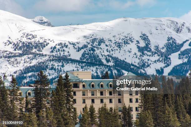view of fairmont chateau lake louise - lake louise stock pictures, royalty-free photos & images