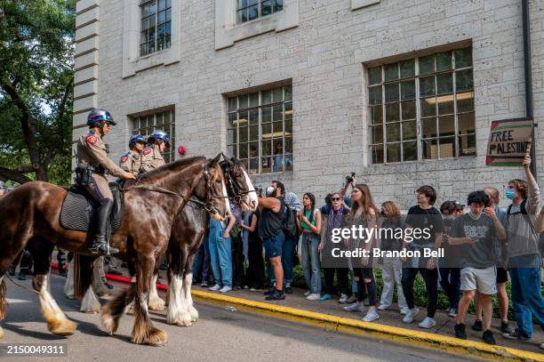 Mounted police interact with demonstrators at a protest of the war in Gaza at the University of Texas at Austin on April 24, 2024 in Austin, Texas....