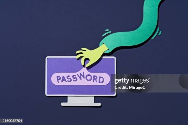 sneaky hand stealing passwords from computer, paper craft - phishing fotografías e imágenes de stock