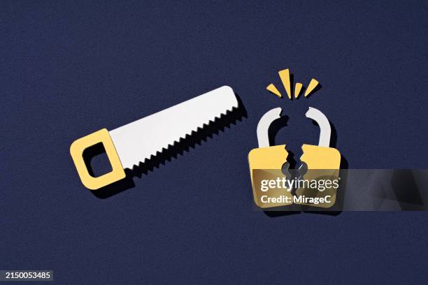 lock destroyed by a saw, paper craft - broken padlock stock pictures, royalty-free photos & images