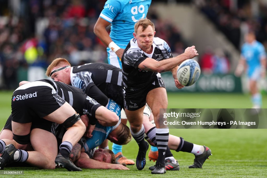 Sam Stuart Rugby Newcastle Falcons' Sam Stuart releases the ball from a scrum during ...