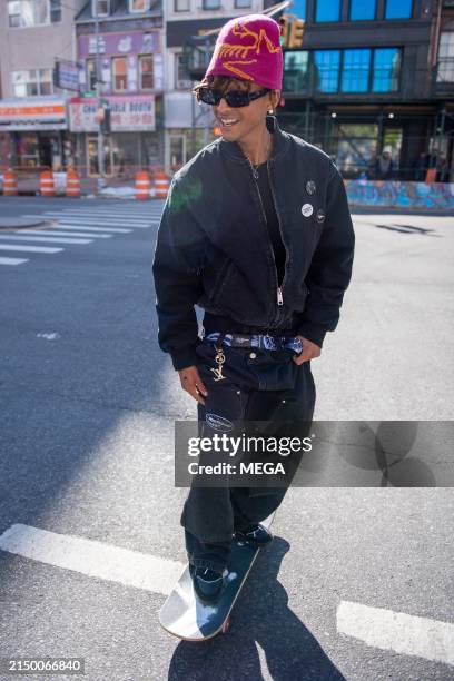 Jaden Smith is seen skateboarding on April 25, 2024 in New York, New York.