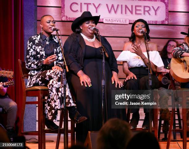 Trea Swindle, Danica Hart and Devynn Hart of Chapel Hart perform at CMT Next Women Of Country at City Winery Nashville on April 24, 2024 in...