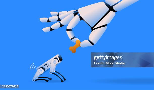robotic hand giving a cookie to robotic dog illustration - dog training course stock illustrations