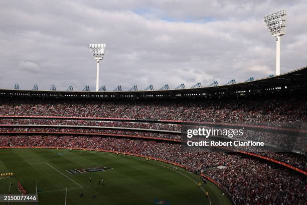 General view during the ANZAC Day ceremony during the round seven AFL match between Essendon Bombers and Collingwood Magpies at Melbourne Cricket...
