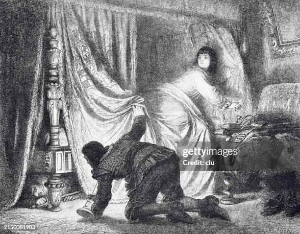 man discovers a stranger under his wife’s bed - cheating husband stock illustrations