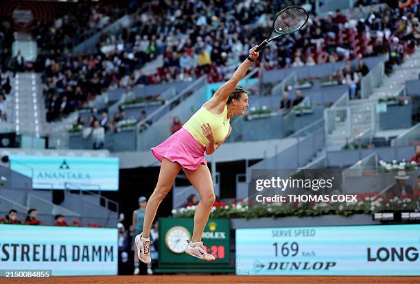 Belarus' Aryna Sabalenka serves to US Robin Montgomery during the third round of the 2024 WTA Tour Madrid Open tournament tennis match at Caja Magica...
