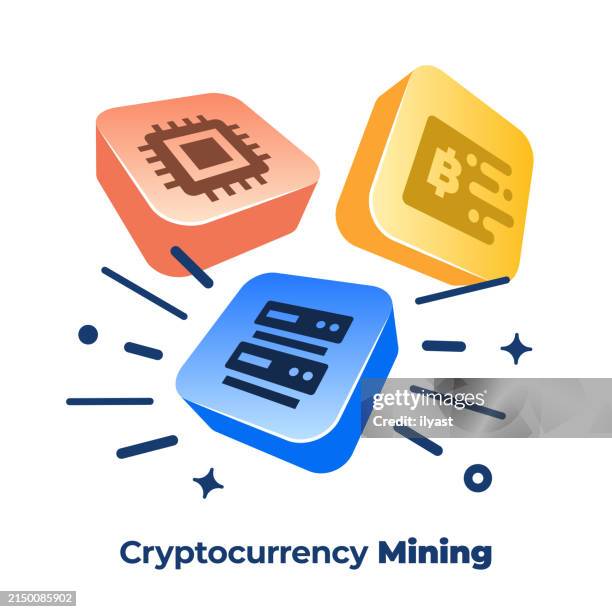 3d vector buttons with icons for cryptocurrency mining - developer coding an app stock illustrations