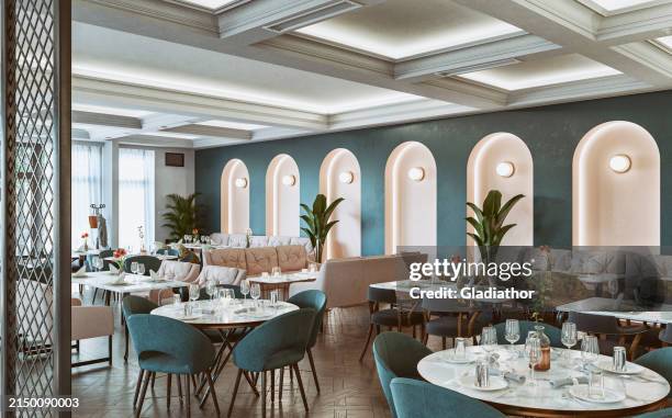 large mid century styled restaurant / bar with tables and chairs, stools, benches, ceiling moldings and windows with white curtains in the background, on parquet floor, vintage effect on a 3d image - restaurant city view stock pictures, royalty-free photos & images