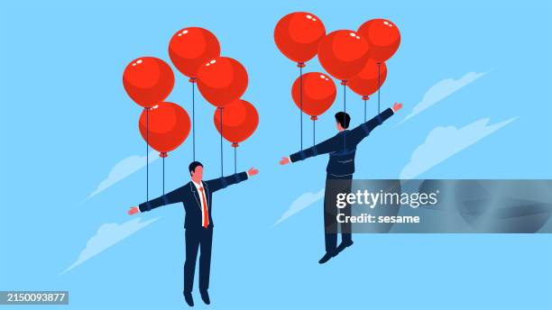 isometric balloon pulling two businessmen floating in mid-air, growth, improvement or self-improvement, financial bubble, inflation - pulled over stock illustrations