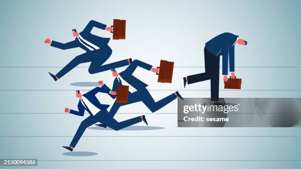 withdrawal from the race, loss of competitiveness and courage, lack of confidence or loss of direction, a downcast businessman on the track giving up on himself and leaving the track - low self esteem stock illustrations