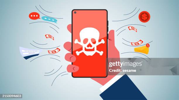 illustrations, cliparts, dessins animés et icônes de smartphones toxiques, cybersécurité, vol en ligne de la vie privée des utilisateurs, informations personnelles, mains tenant un téléphone portable avec un logo de crâne sur l’écran pour attirer l’argent, messages électroniques, fichiers privés - anonymous mask