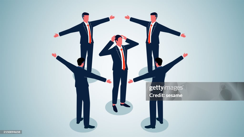 Surrounded and prevented from leaving, discrimination, pressure and obstruction from outside, blamed, guilt-ridden businessman surrounded by four colleagues