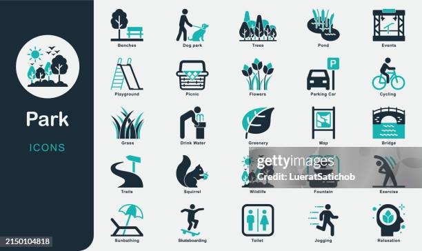 park solid icons sammlung. grün, picknick, spielplatz, wanderwege, wildtiere, springbrunnen, bänke, erholung, joggen, entspannung, bäume, blumen, radfahren, teich, skateboarden, sonnenbaden, hundepark - herbst hund stock-grafiken, -clipart, -cartoons und -symbole
