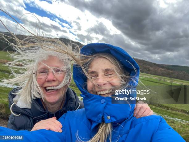 selfie d’un jour venteux - cheveux dans le vent photos et images de collection