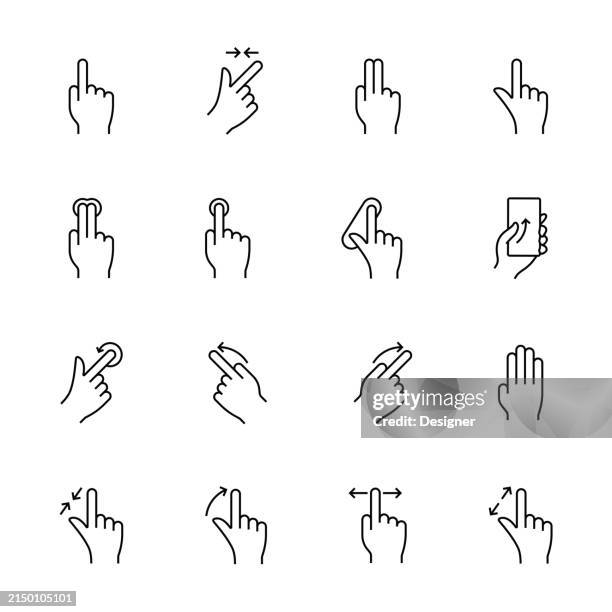 simple touch screen gesture line icon set. smartphone, tablet pc, finger, touching, pushing, tapping. - zoom in stock illustrations