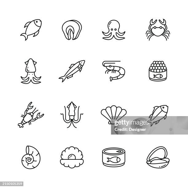 illustrazioni stock, clip art, cartoni animati e icone di tendenza di set di icone della linea di frutti di mare semplici. pesce, aragosta, granchio, gamberetti, ostriche, polpi, gamberi. - restaurant oysters