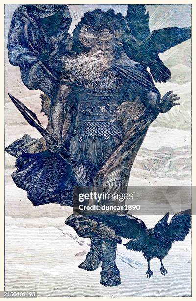 Norse Mythology The God Odin With The Ravens Huginn And Muninn High-Res Vector Graphic