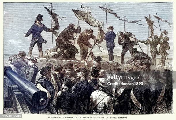 the paris commune, freemasons planting their banners, french history, 1871 - commune barricade stock illustrations