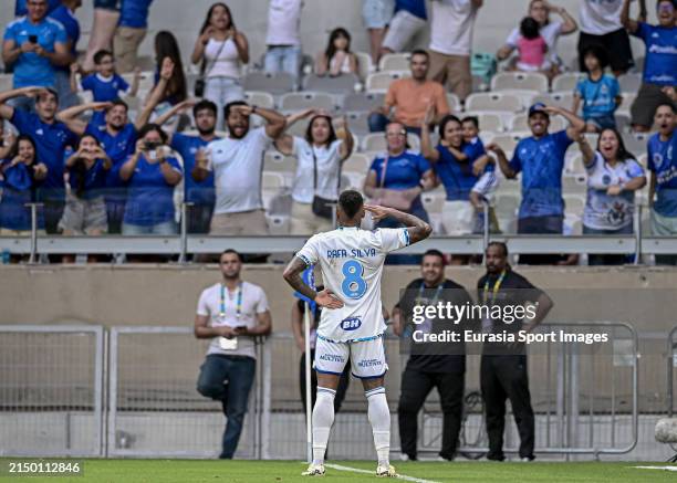 Rafa Silva of Cruzeiro celebrates with fans after scoring the team´s second goal during Campeonato Brasileiro Serie A match between Cruzeiro and...
