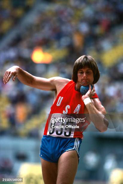 July 1976 - Montreal Olympics - Decathlon, Bruce Jenner competes in the shot put in the mens decathlon.