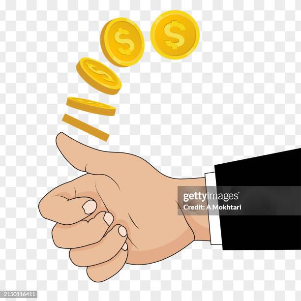 hand throws a dollar coin on a transparent background. - flipping coin stock illustrations