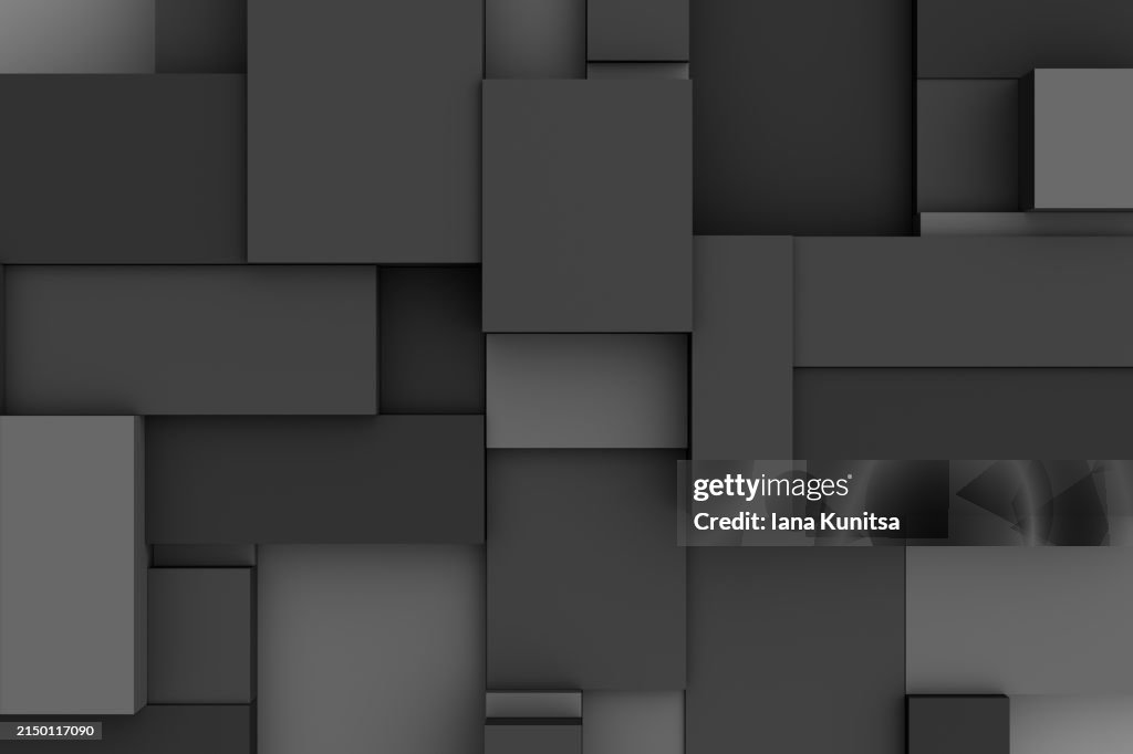 Dark black, gray monochrome layered platforms, cubes, squares shape background. Abstract 3D pattern. Geometric composition. Copy space. Design element.