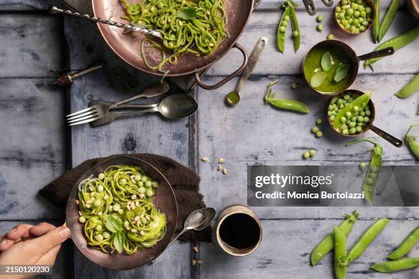 homemade pasta with pesto and fresh peas - pasta harvest stock pictures, royalty-free photos & images