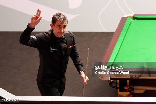 Ronnie O'Sullivan of England celebrates victory against Jackson Page of Wales in their first round match during day six of the Cazoo World Snooker...