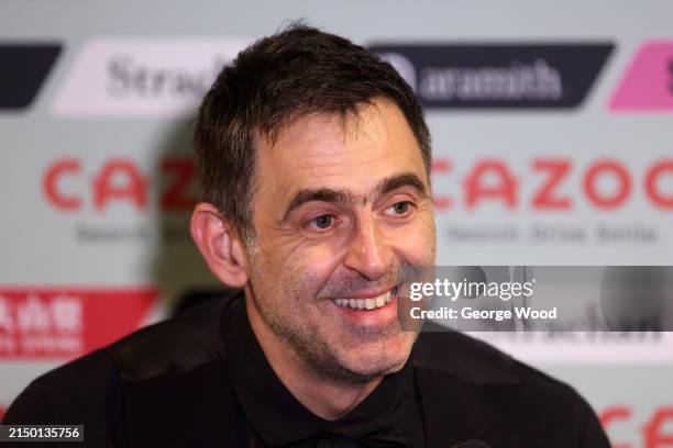 Ronnie O'Sullivan of England reacts during a press conference following victory against Jackson Page of Wales in their first round match during day...